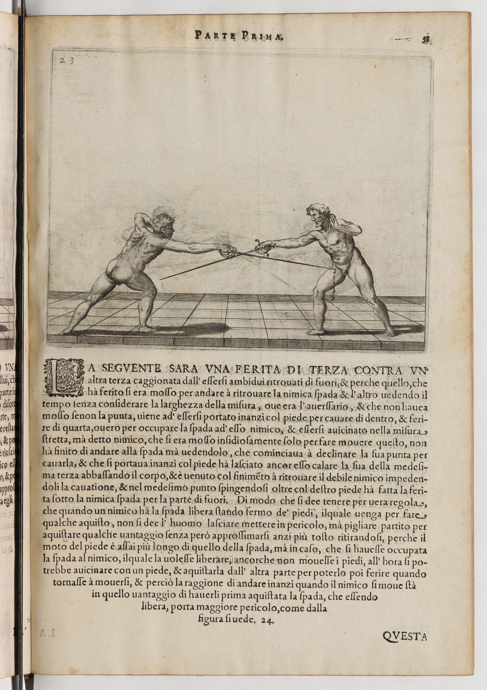 Deux tireurs à la rapière, lame tendue, sur un sol quadrillé en perspective.