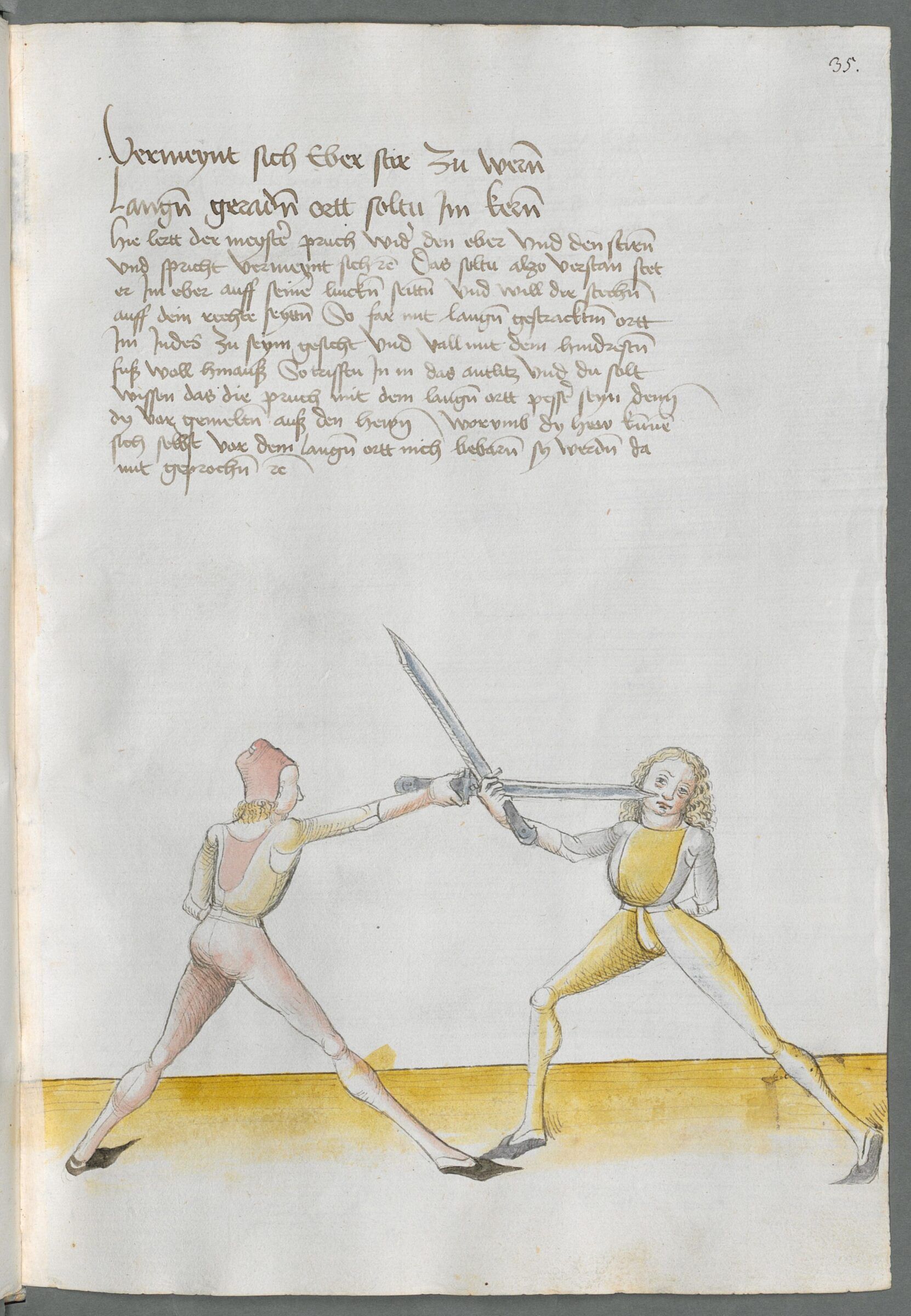 Un combattant pointe son messer au visage de son adversaire, lames croisées.