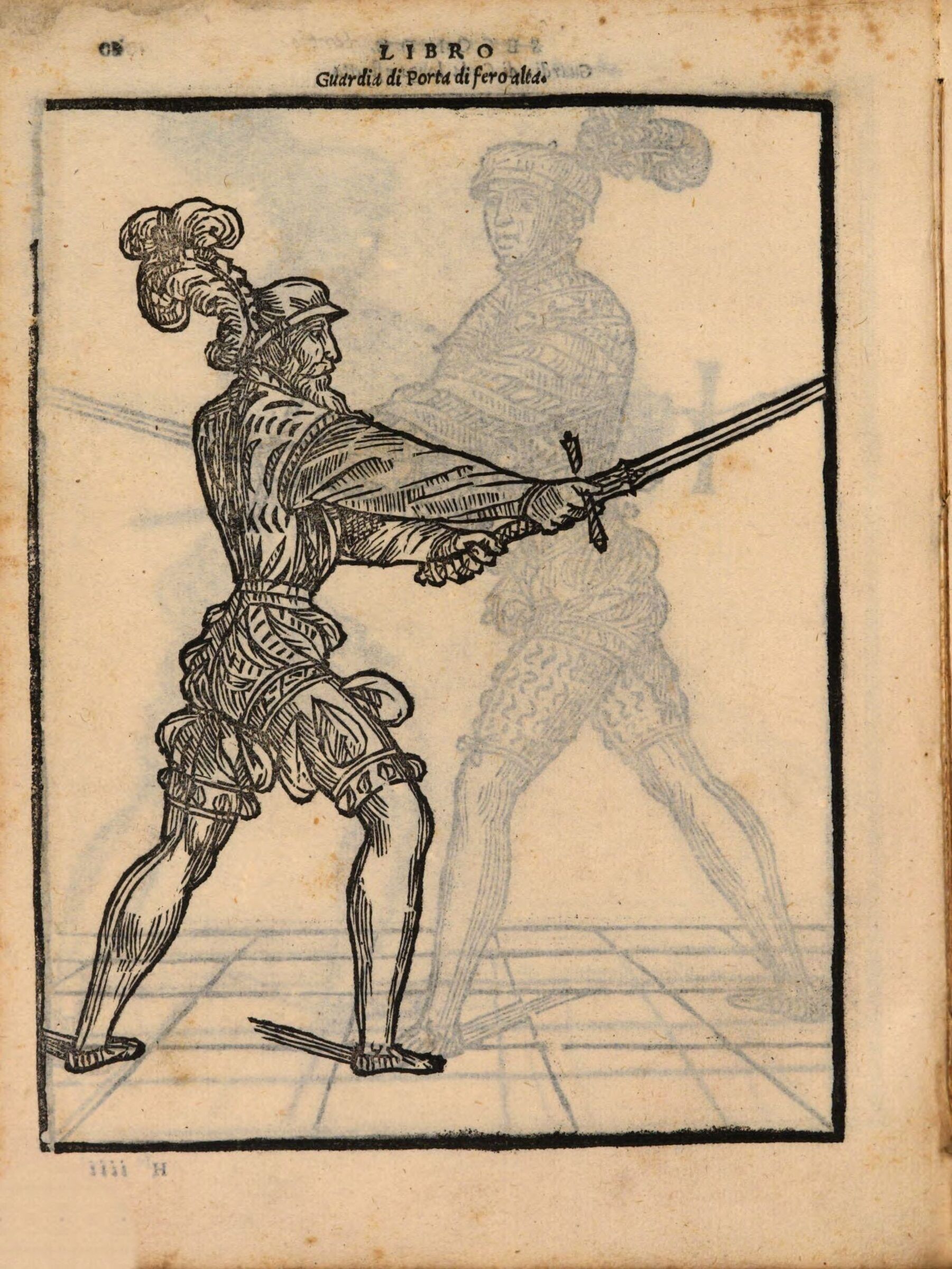 Un tireur à l'épée seule, jambes ouvertes, lame tendue en avant.