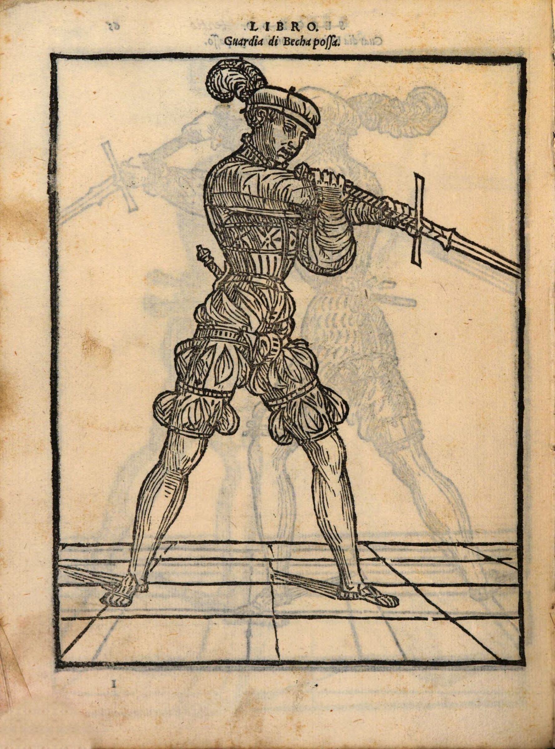 Un tireur à l'épée seule, en costume d'époque, épée dressée près de la tête.