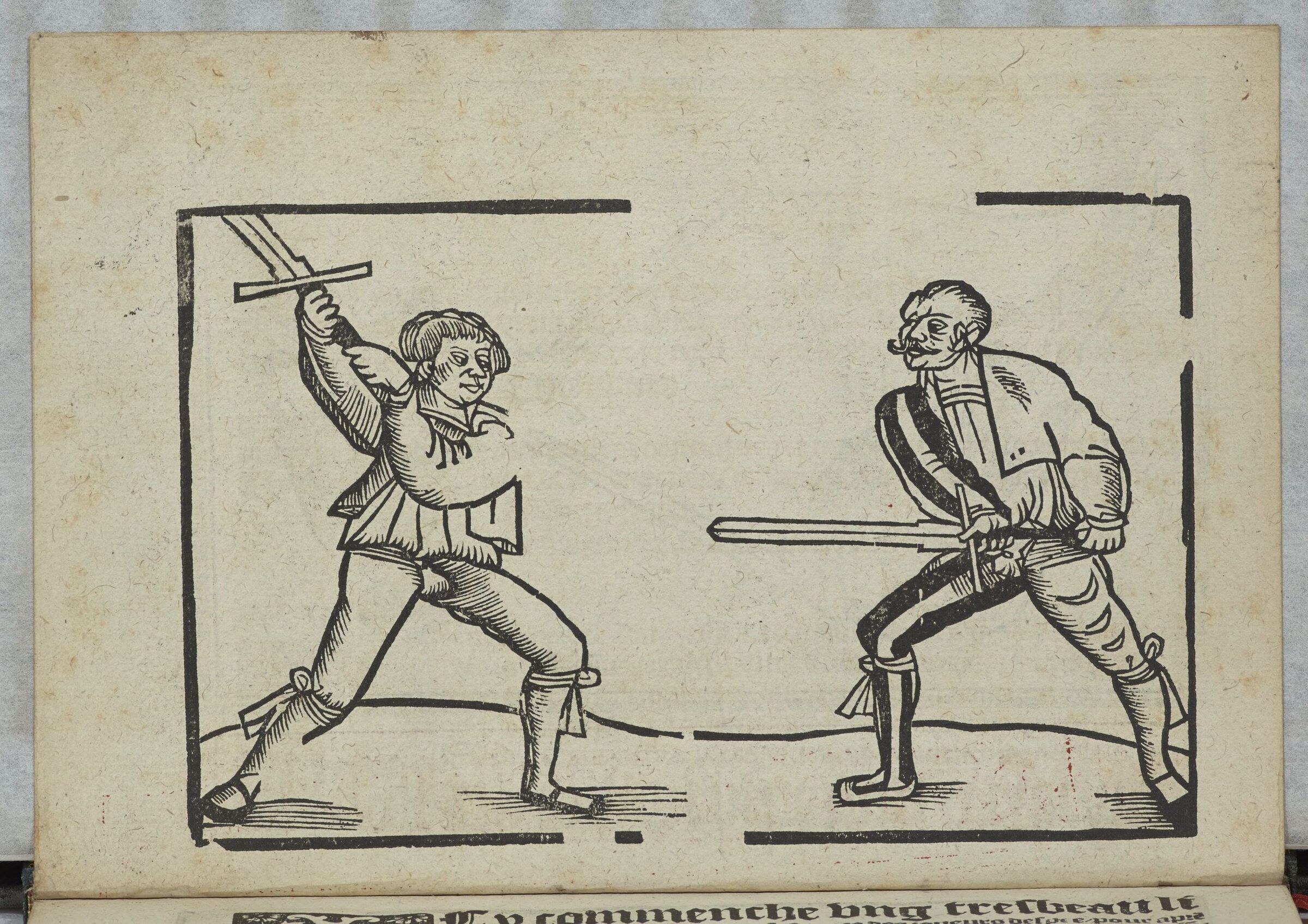 Deux joueurs d'épée à deux mains en garde, épées levées ou tenues à hauteur de hanche.