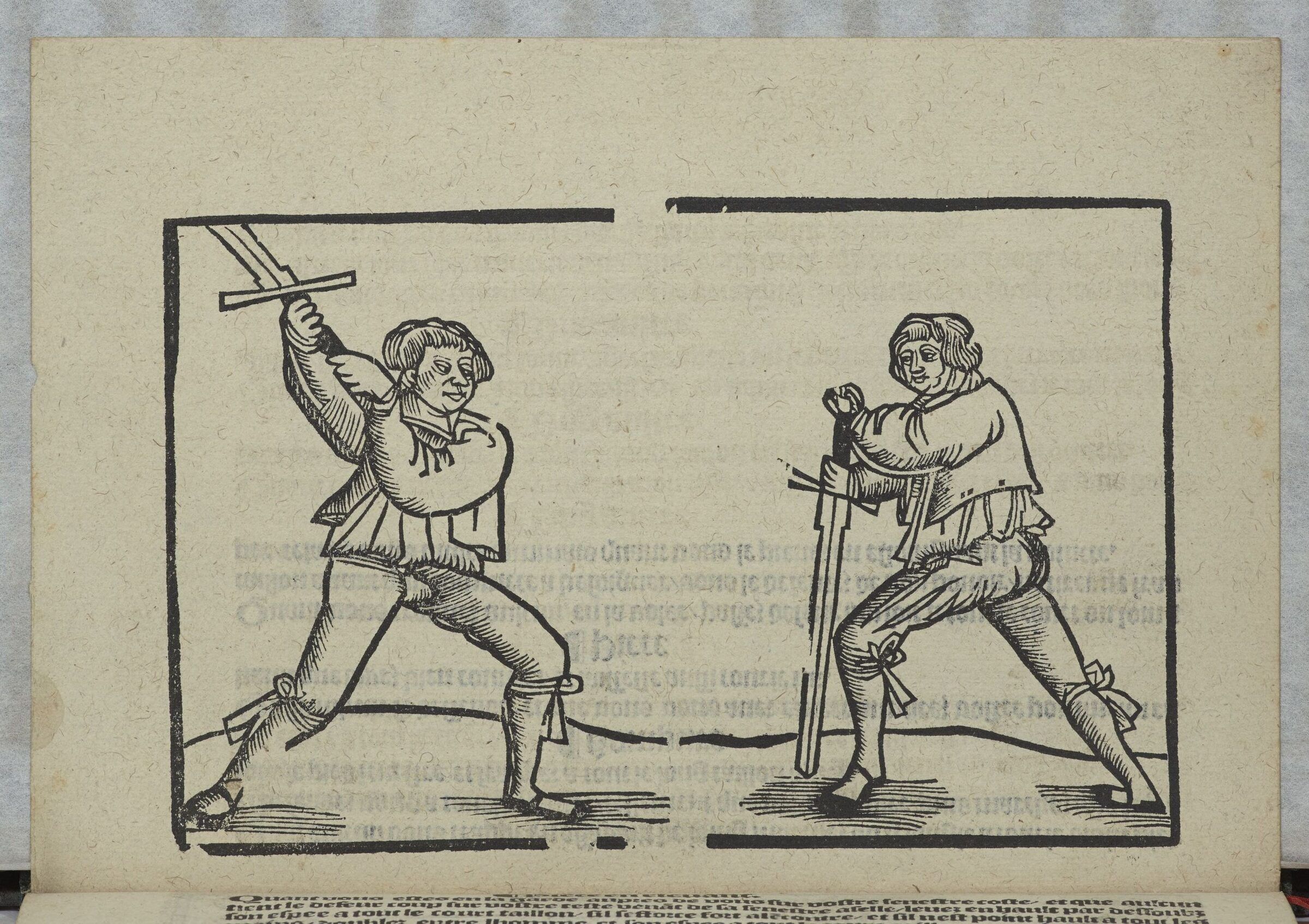 Deux joueurs d'épée à deux mains en garde, l'un l'épée haute, l'autre pointe au sol.