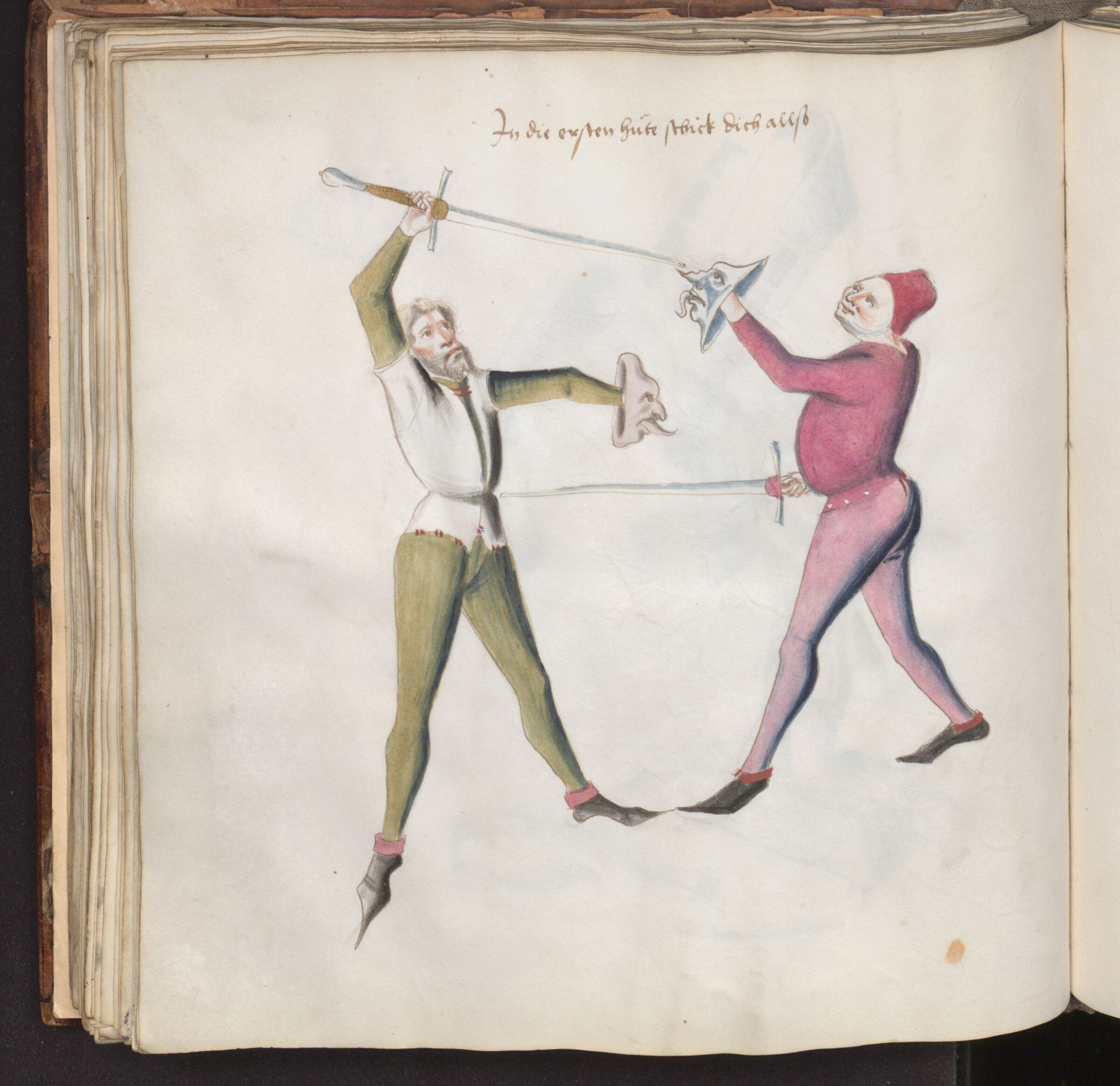 Deux tireurs à l'épée et à la bocle, en garde l'un face à l'autre.