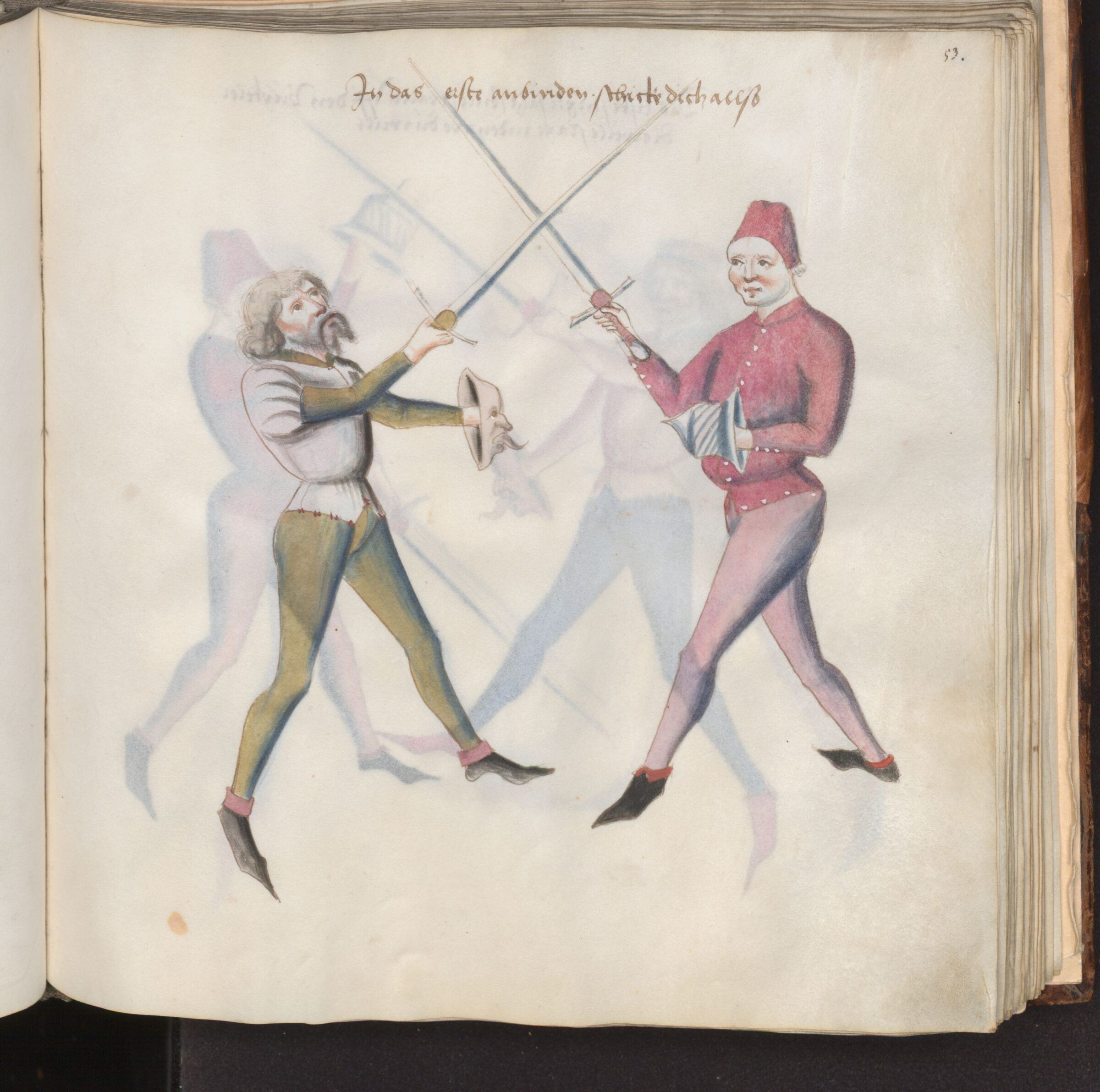 Deux tireurs à l'épée et à la bocle, épées croisées haut en l'air.