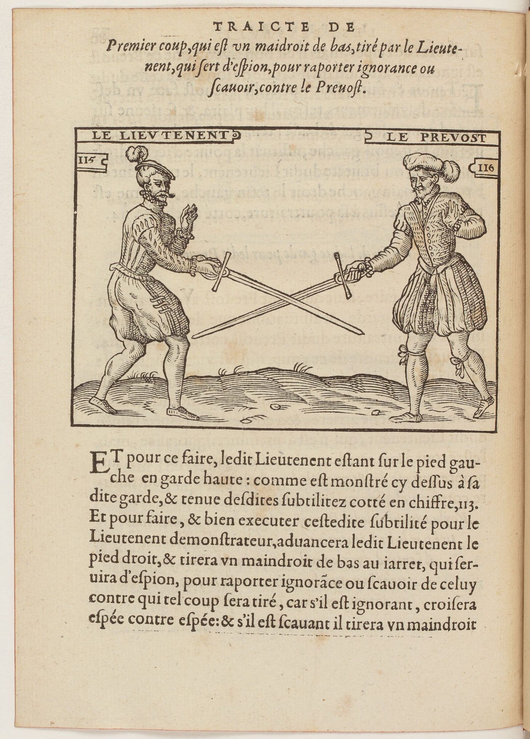 Deux tireurs à l'espée seule croisent leurs lames bas, en X.