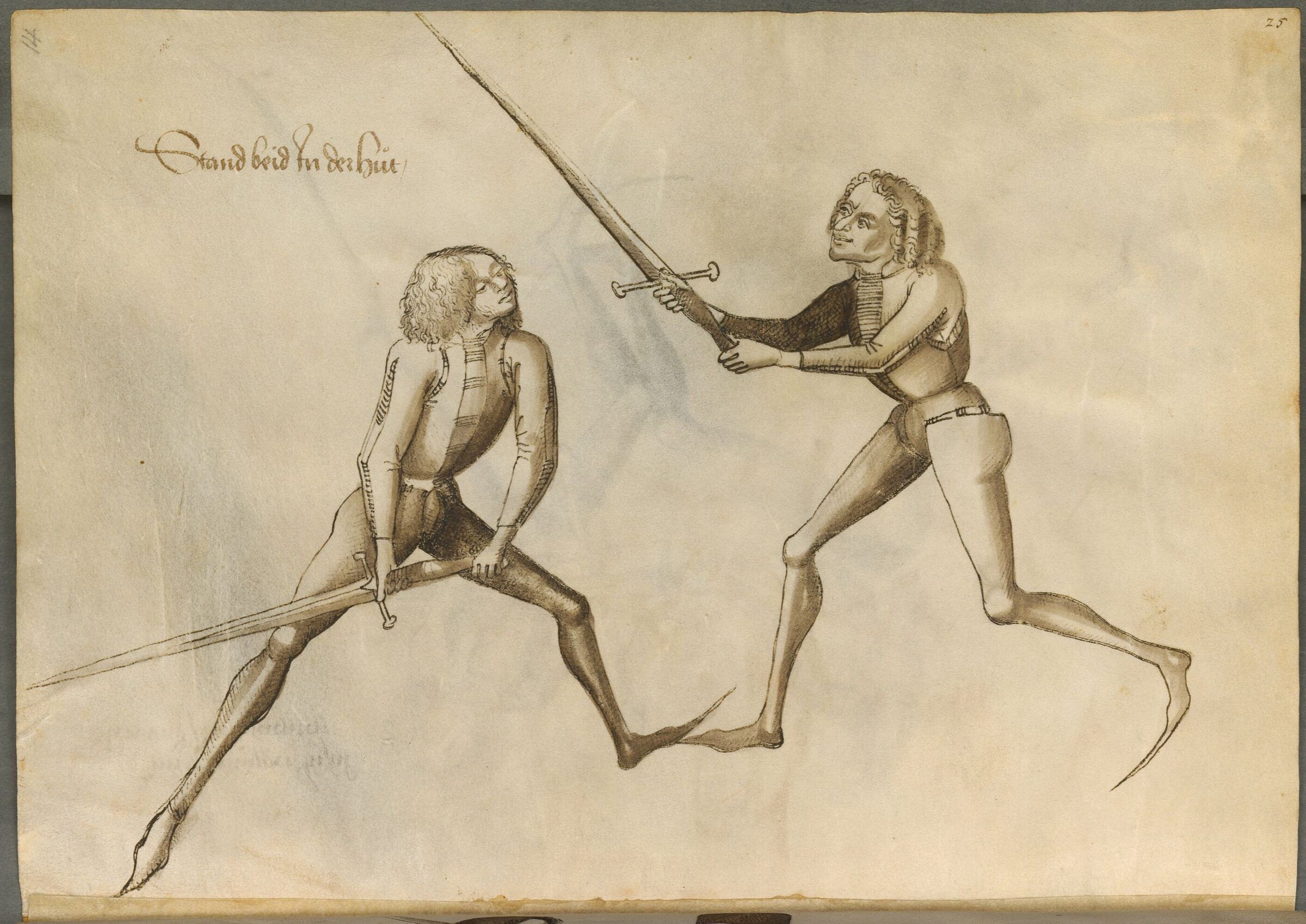 Deux escrimeurs à l'épée longue se tiennent chacun en garde.