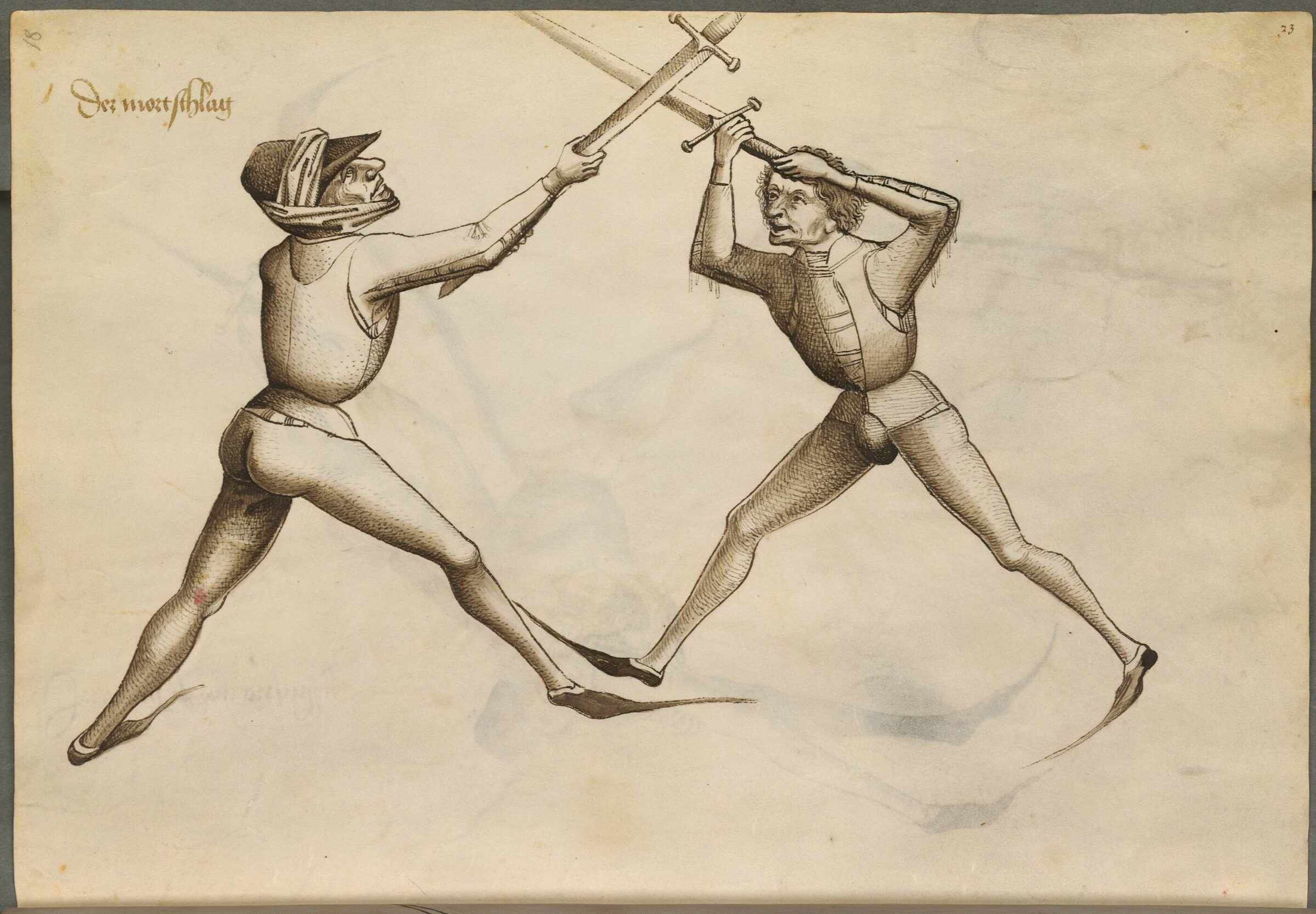 Deux escrimeurs tiennent leur épée par la lame, prêts à frapper avec le pommeau.