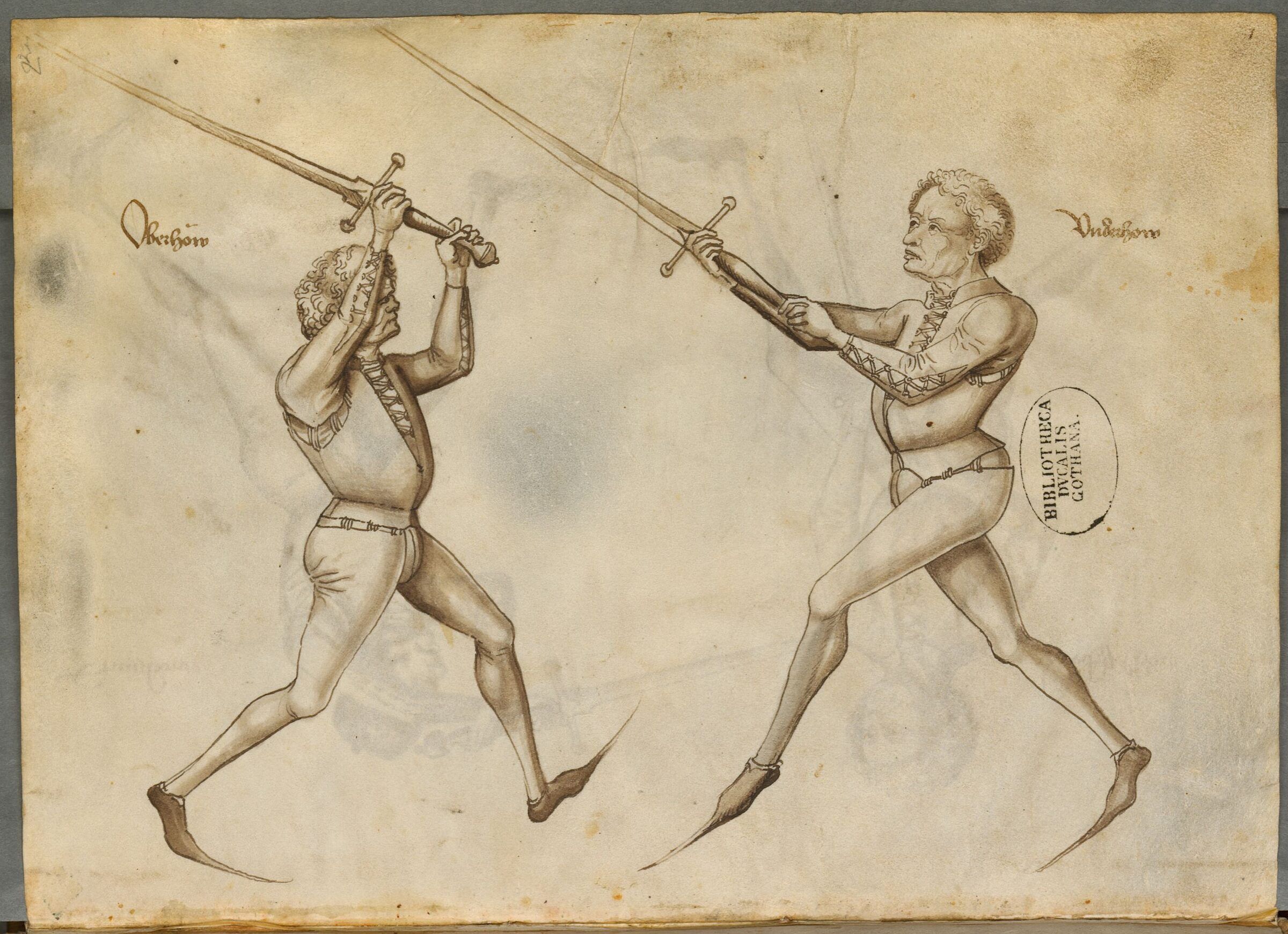 Deux escrimeurs à l'épée longue se font face, armes levées.
