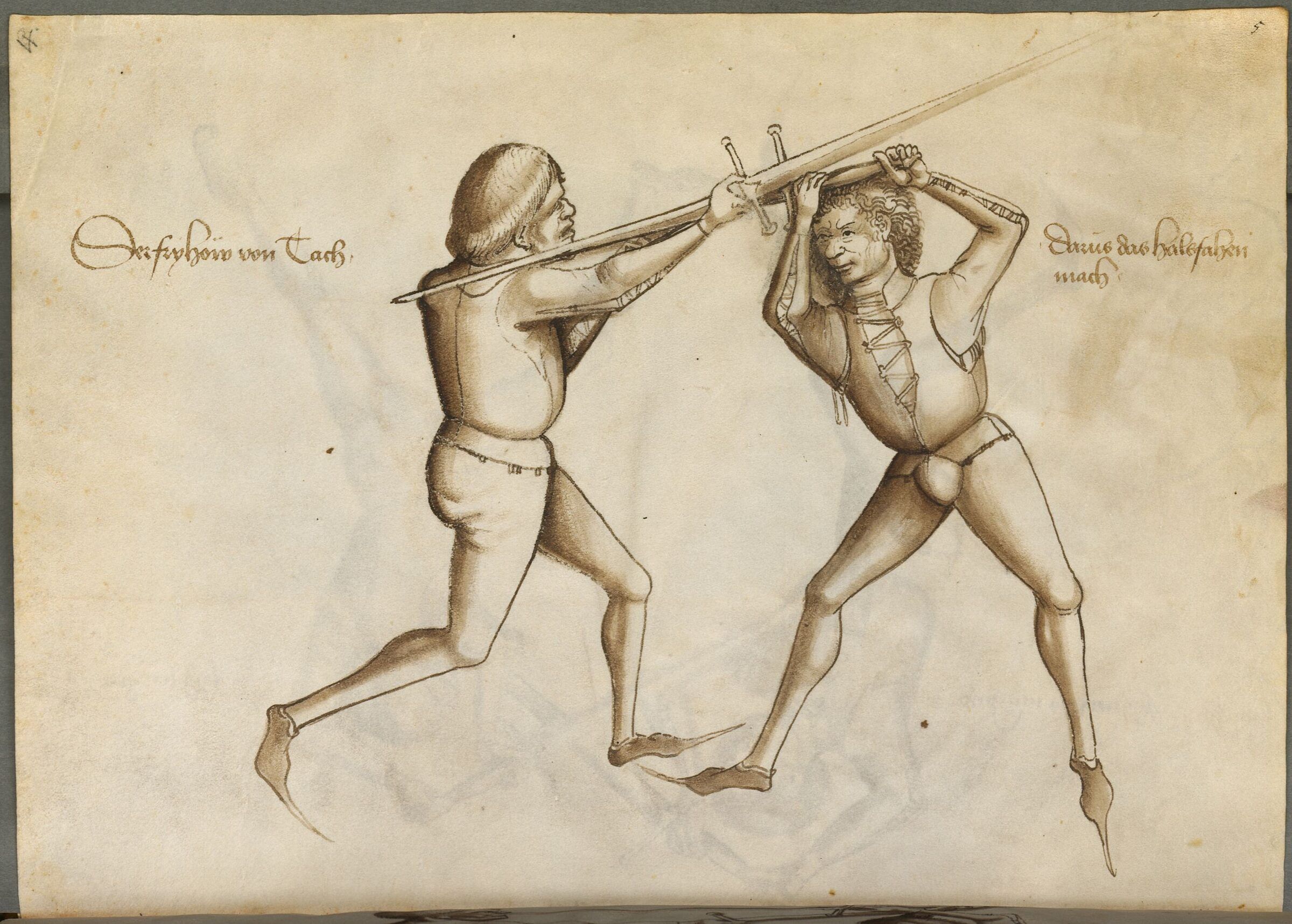 Deux escrimeurs à l'épée longue au corps à corps, l'un tenant sa lame à deux mains.