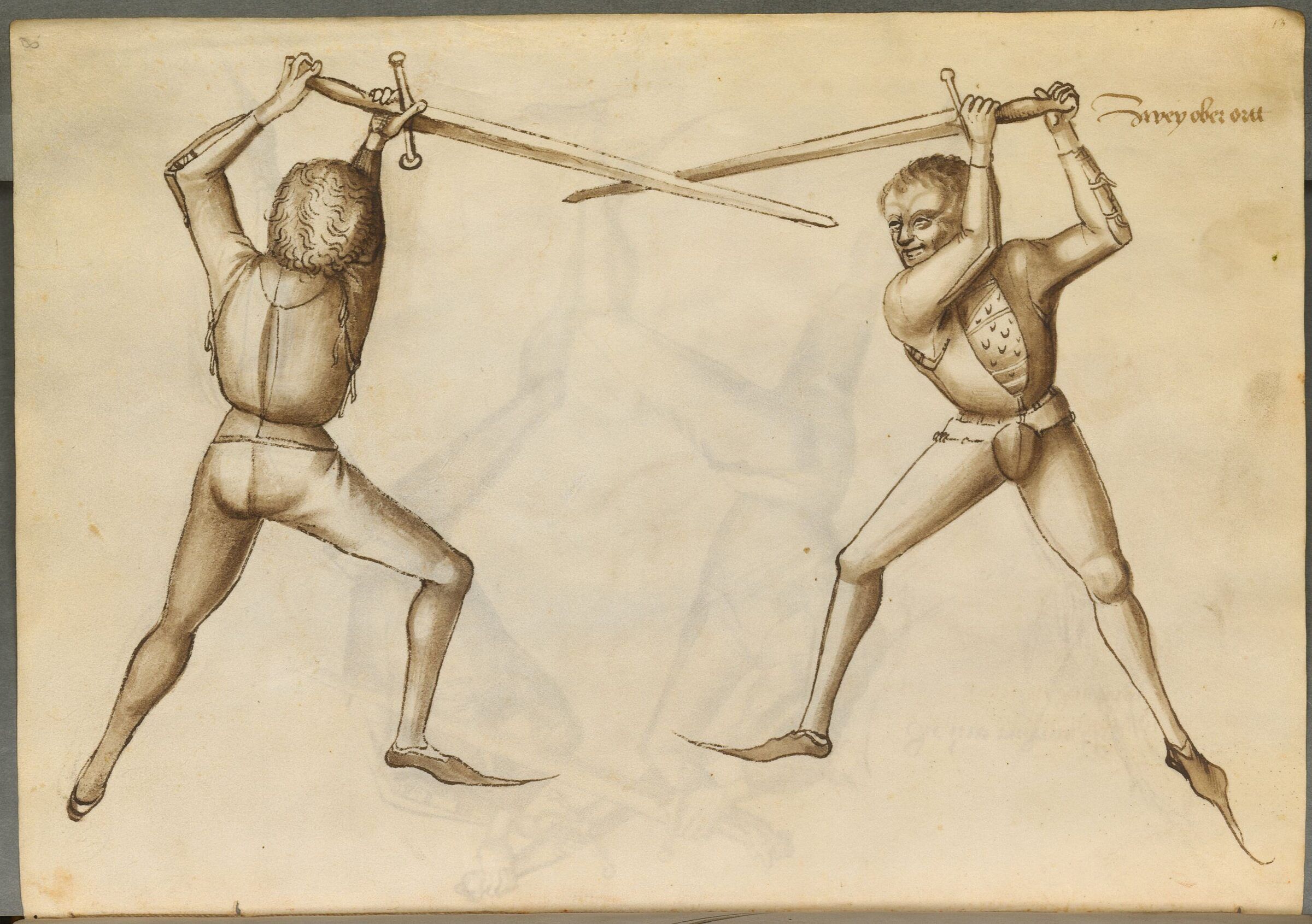 Deux escrimeurs à l'épée longue, bras levés, lames croisées au-dessus d'eux.